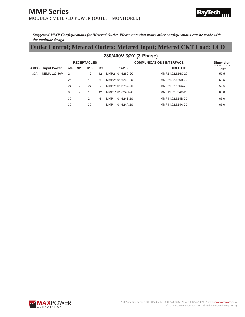 Mmp series, Modular metered power), Modular metered power (outlet monitored) | MaxPower Corp MMP Series User Manual | Page 5 / 5