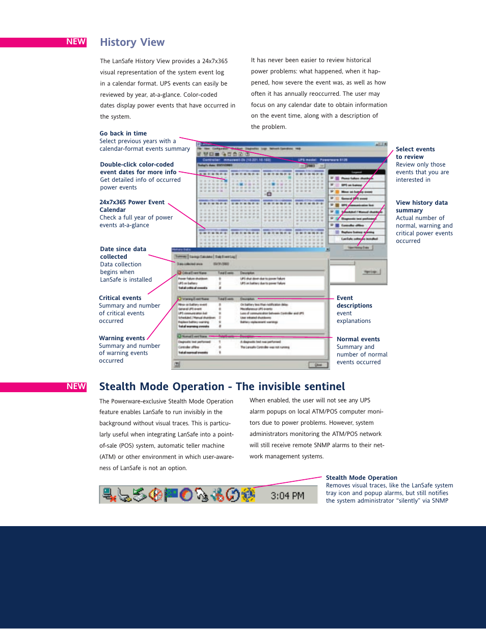 History view, Stealth mode operation - the invisible sentinel | MaxPower Corp LanSafe User Manual | Page 3 / 6