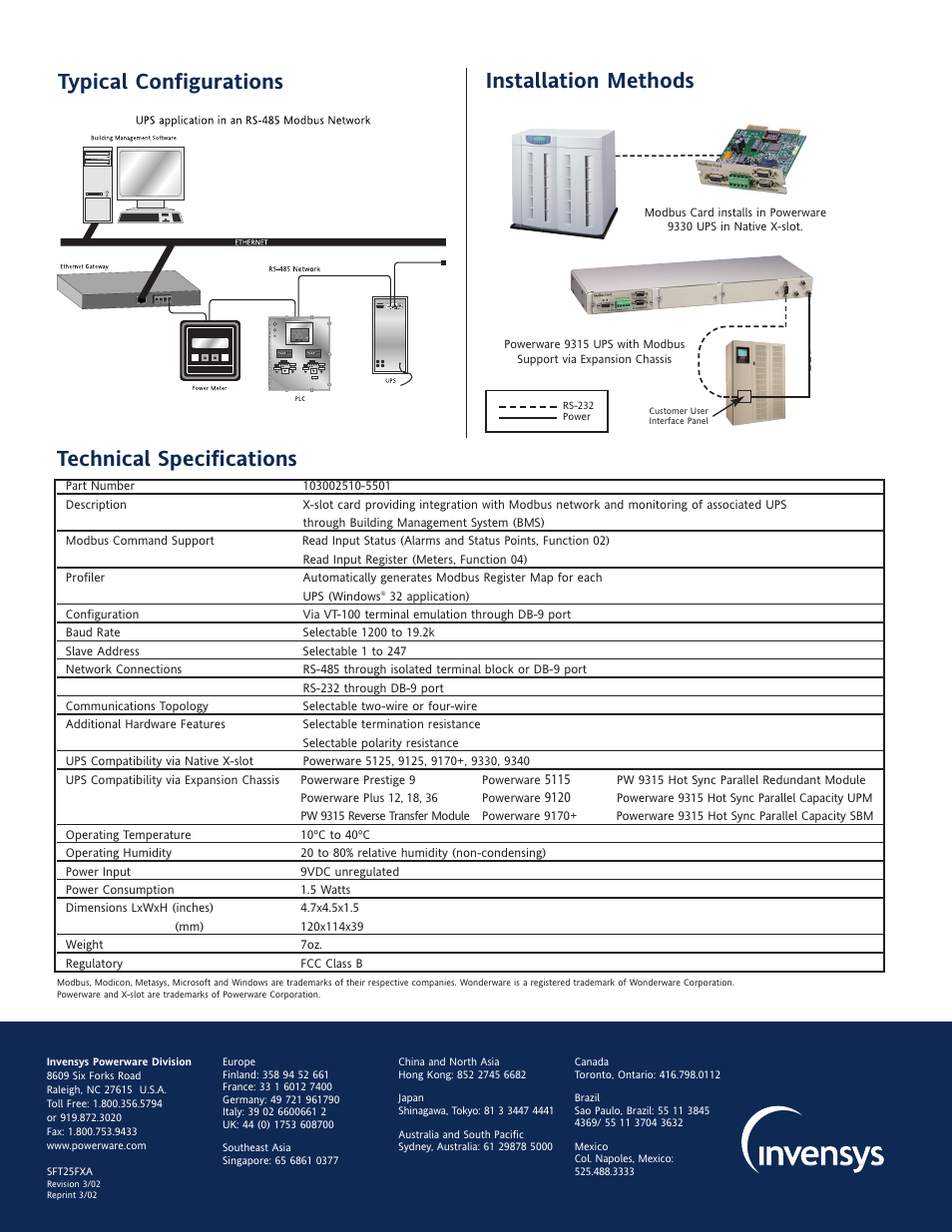Typical configurations, Technical specifications installation methods | MaxPower Corp Powerware Modbus Card User Manual | Page 2 / 2