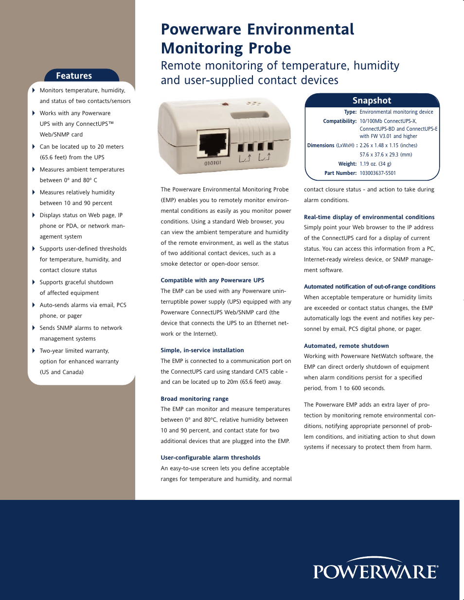 MaxPower Corp Powerware Environmental Monitoring Probe User Manual | 2 pages