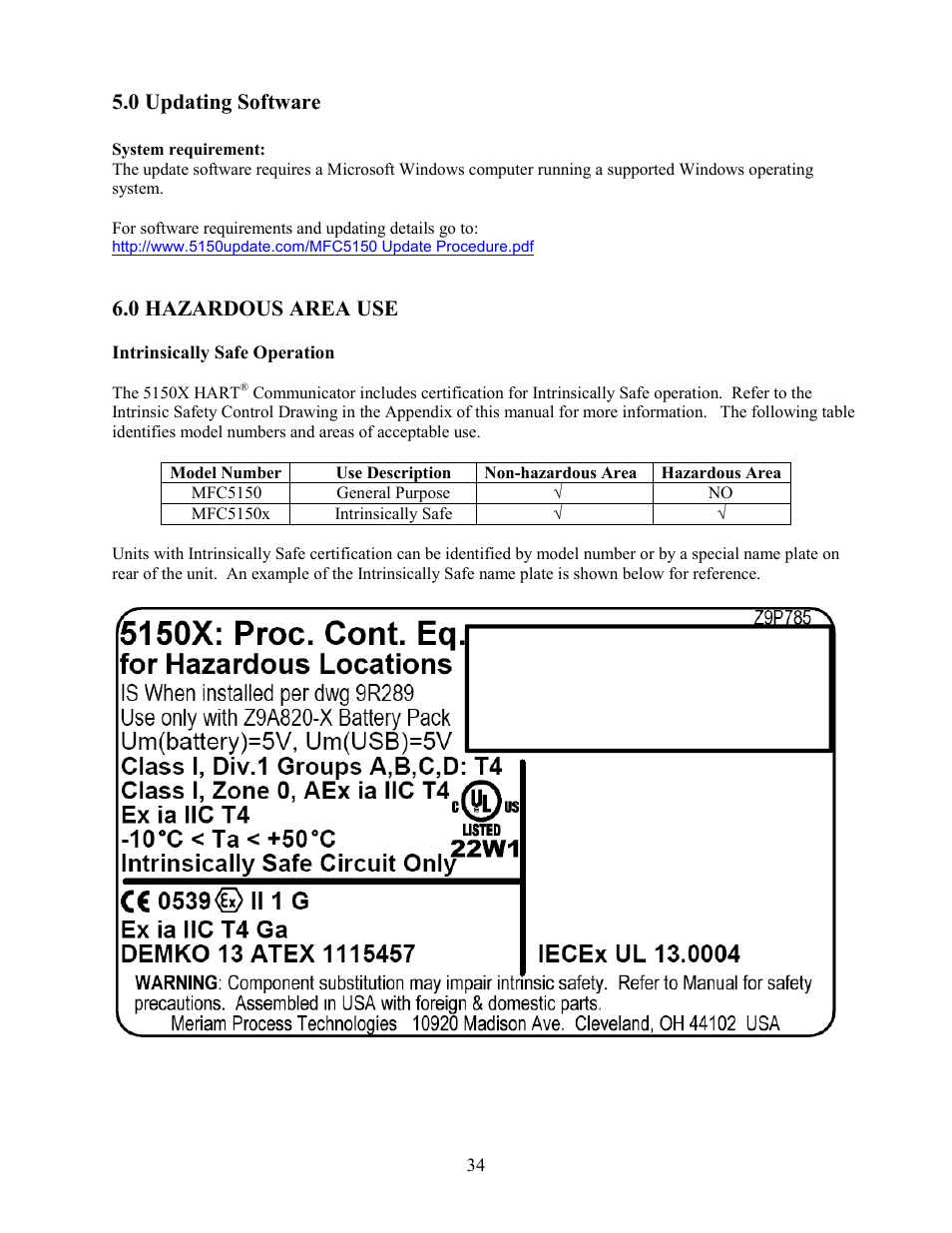 0 updating software, 0 hazardous area use | Meriam MFC5150 HART Communicator Manual User Manual | Page 40 / 45