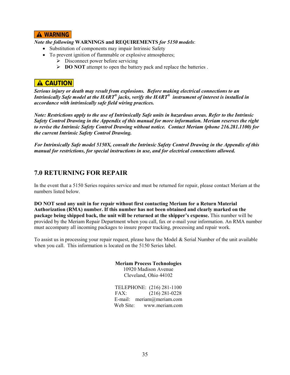 0 returning for repair | Meriam MFC5150 HART Communicator Manual User Manual | Page 41 / 45