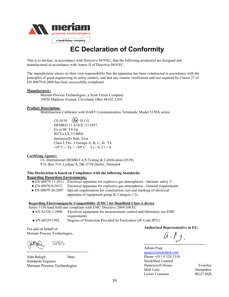 Ec declaration of conformity | Meriam MFC5150 HART Communicator Manual User Manual | Page 45 / 45