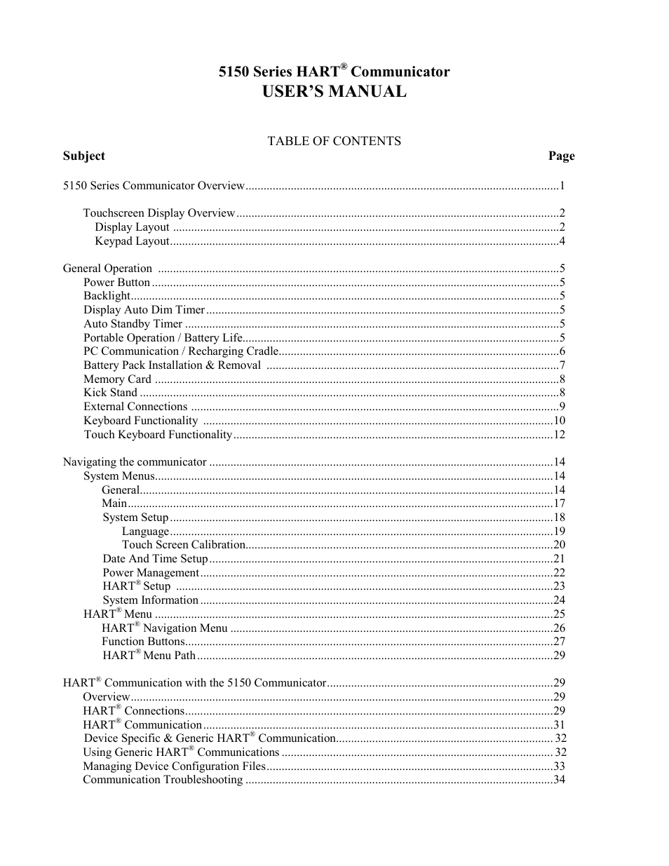 User’s manual, 5150 series hart, Communicator | Meriam MFC5150 HART Communicator Manual User Manual | Page 5 / 45