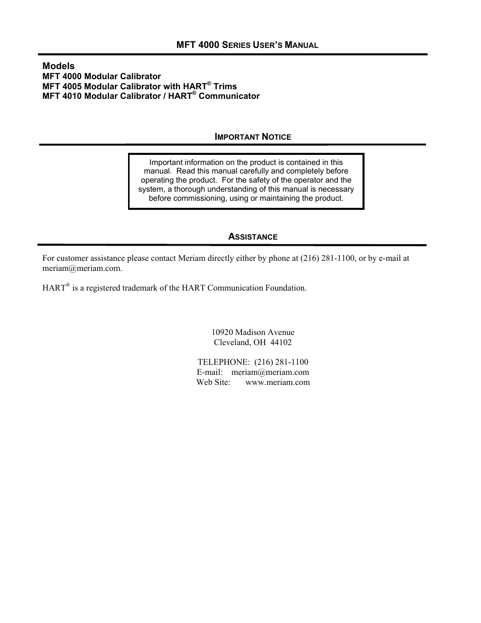 Meriam MFT 4010 Modular Calibrator_HART Communicator User Manual | Page 2 / 114