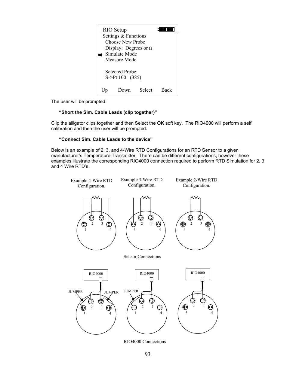 Rio setup, Up down select back | Meriam MFT 4010 Modular Calibrator_HART Communicator User Manual | Page 98 / 114