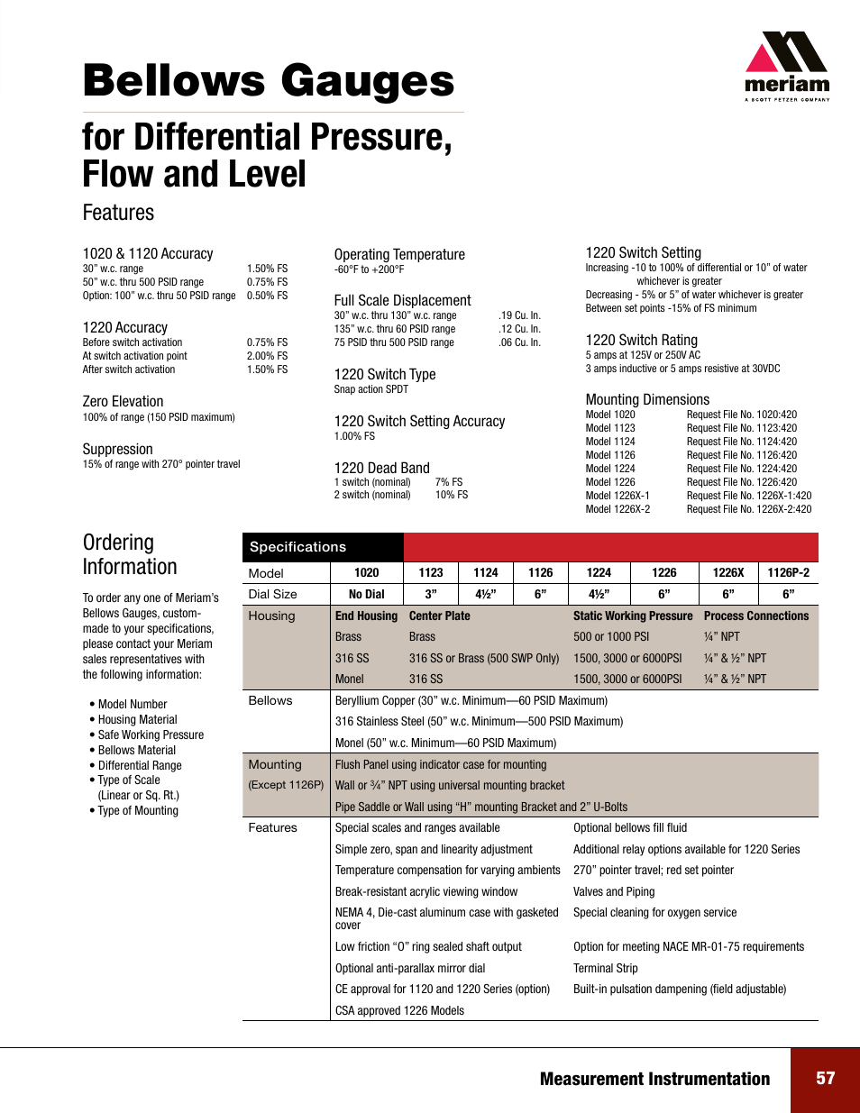 Bellows gauges, For differential pressure, flow and level, Features | Ordering information, Measurement instrumentation 57 | Meriam Bellows Gauges for Differential Pressure, flow and Level User Manual | Page 2 / 2