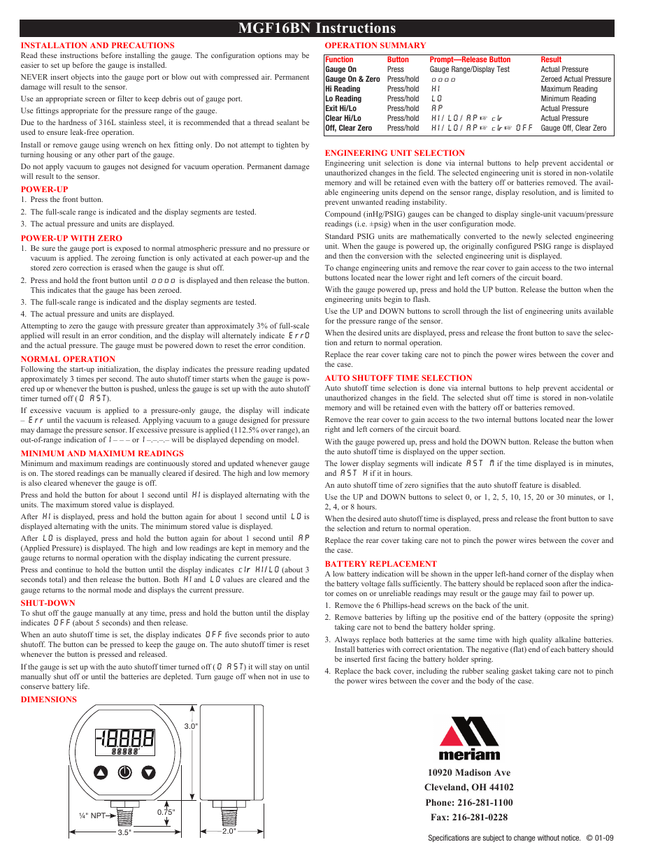 Meriam MGF16BN Digital Pressure Gauge User Manual | 4 pages