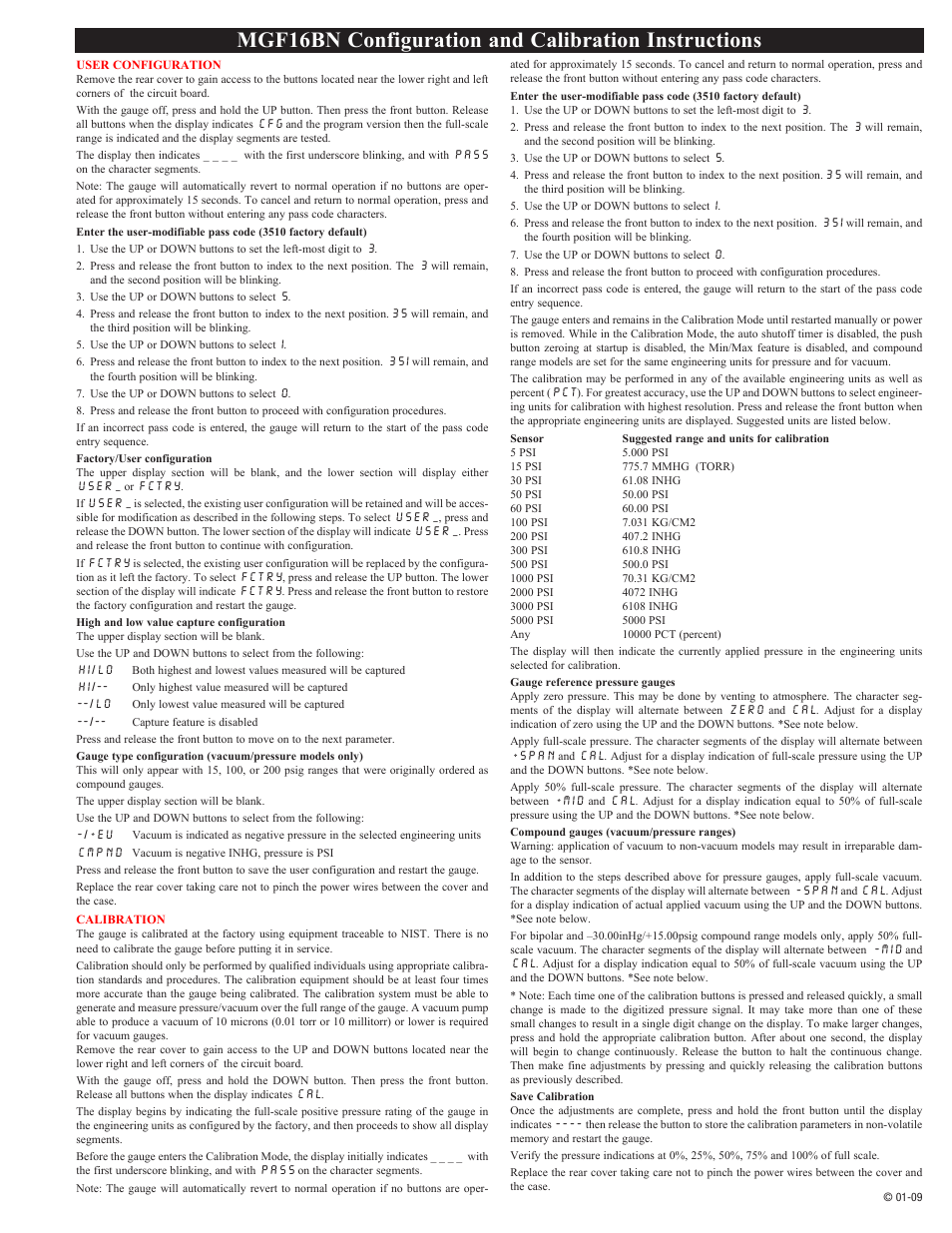 Mgf16bn configuration and calibration instructions | Meriam MGF16BN Digital Pressure Gauge User Manual | Page 2 / 4