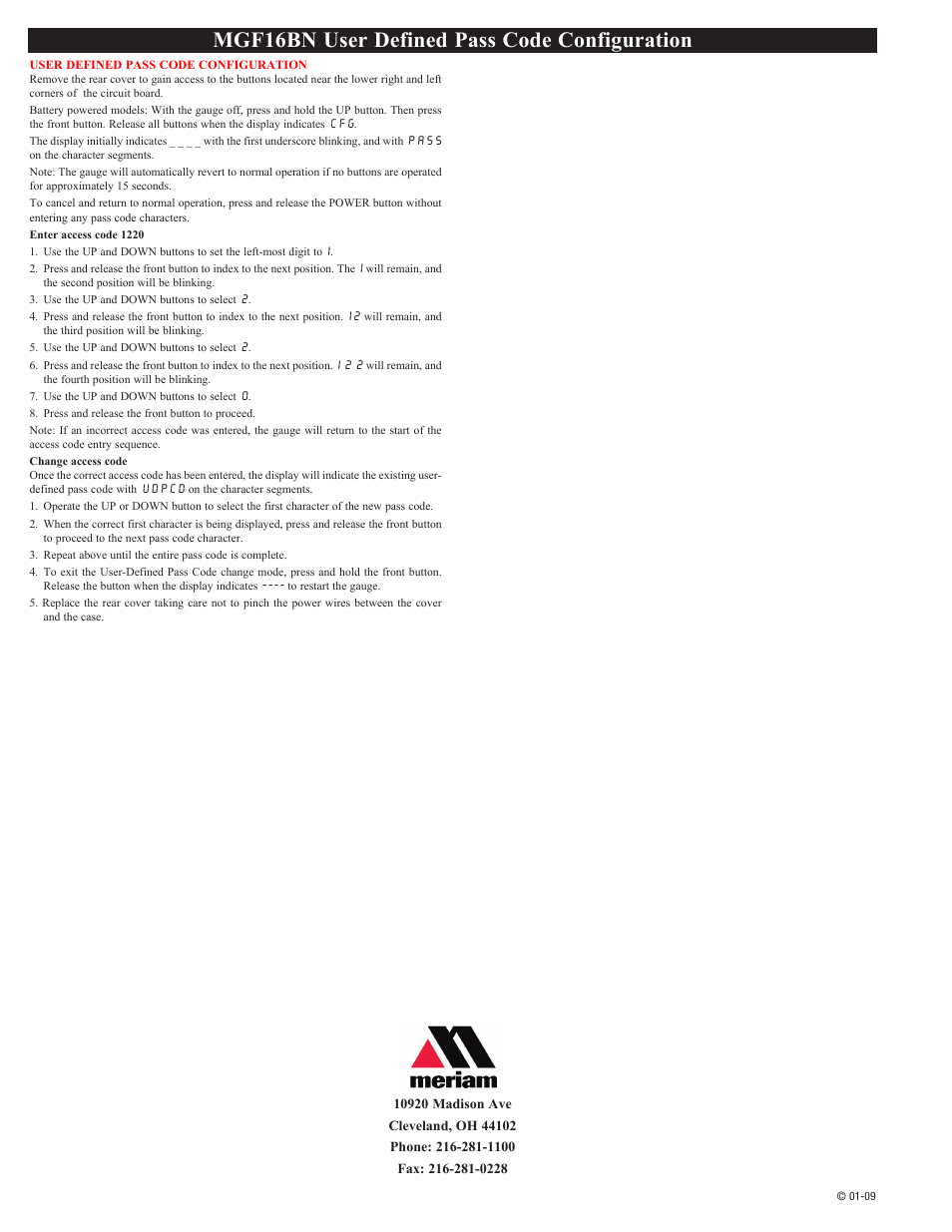 Mgf16bn user defined pass code configuration | Meriam MGF16BN Digital Pressure Gauge User Manual | Page 3 / 4