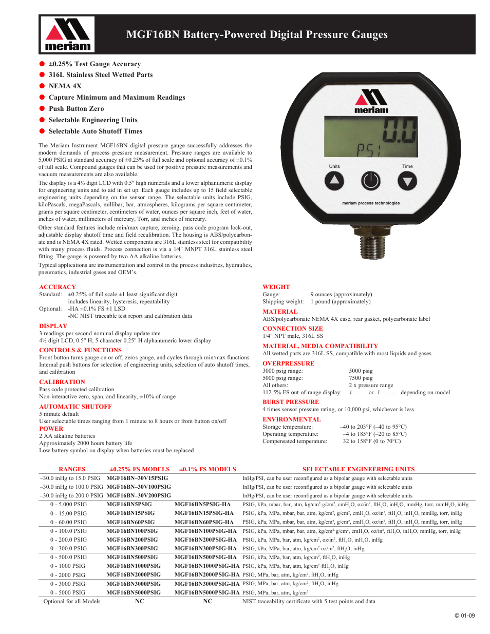 Mgf16bn battery-powered digital pressure gauges | Meriam MGF16BN Digital Pressure Gauge User Manual | Page 4 / 4