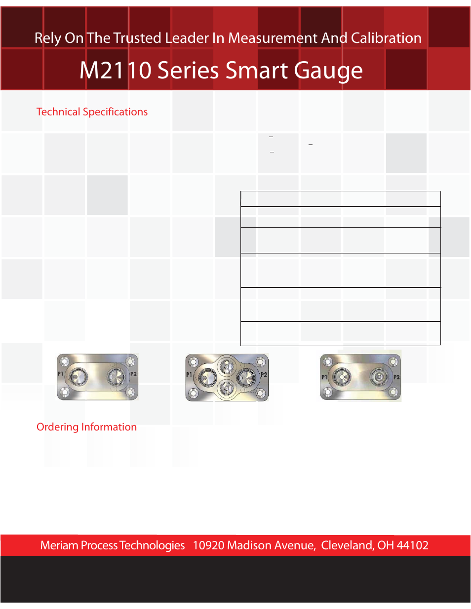 M2110 series smart gauge, Technical specifications, Ordering information | Meriam M2110 Series Smart Gauge User Manual | Page 2 / 2