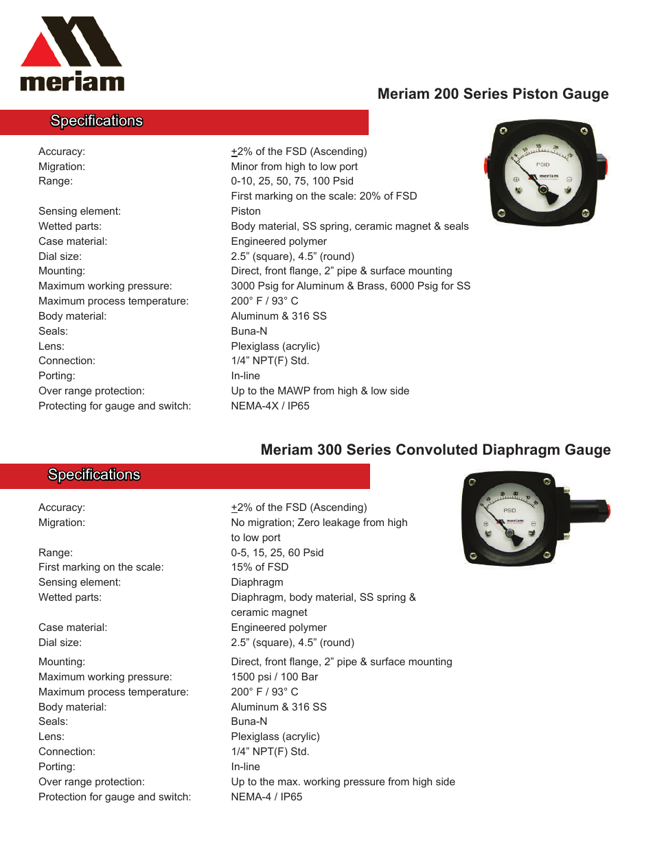 Meriam 300 Series Convoluted Diaphragm Gauge User Manual | 2 pages