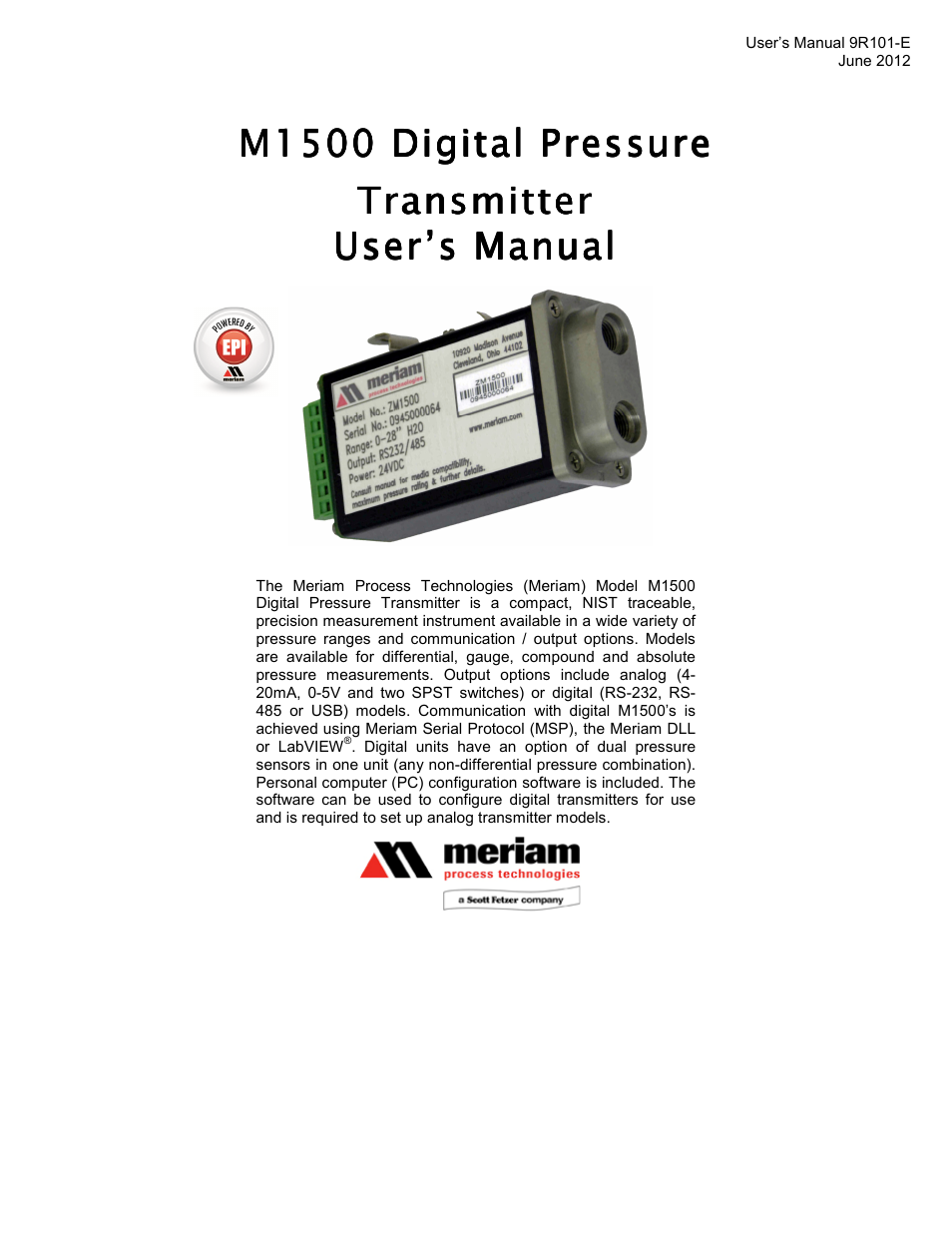 Meriam M1500 Digital Pressure Transmitter User Manual | 27 pages