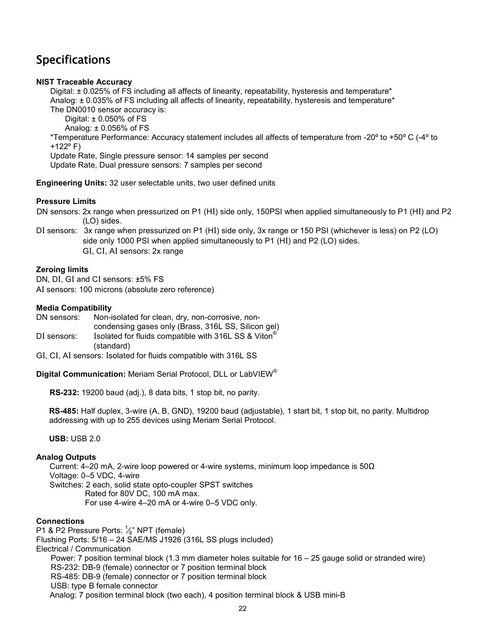 Specifications | Meriam M1500 Digital Pressure Transmitter User Manual | Page 26 / 27