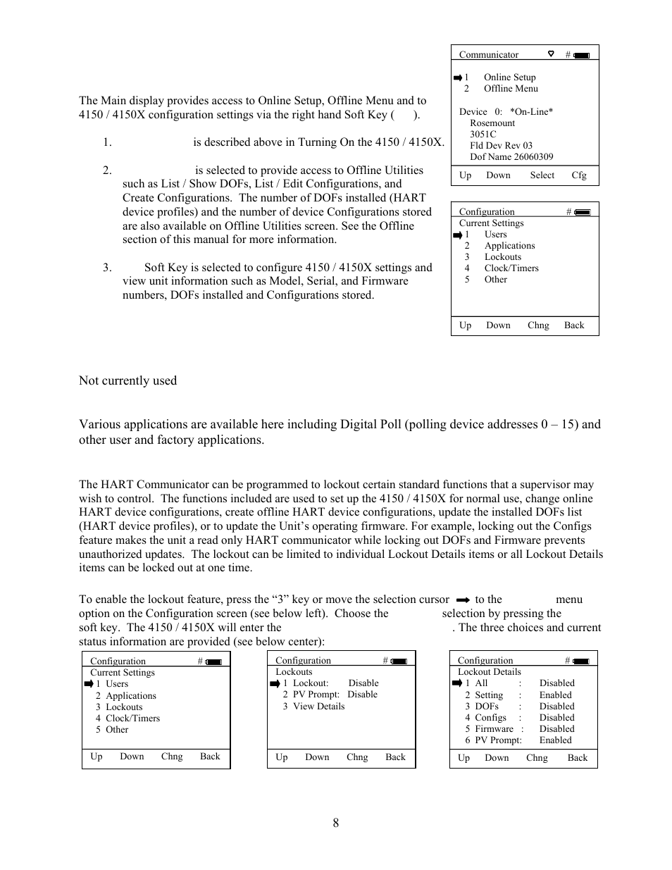 8 main display, Configuration settings, Not currently used | Meriam 4150X ATEX I.S. Certified HART Communicator User Manual | Page 12 / 40