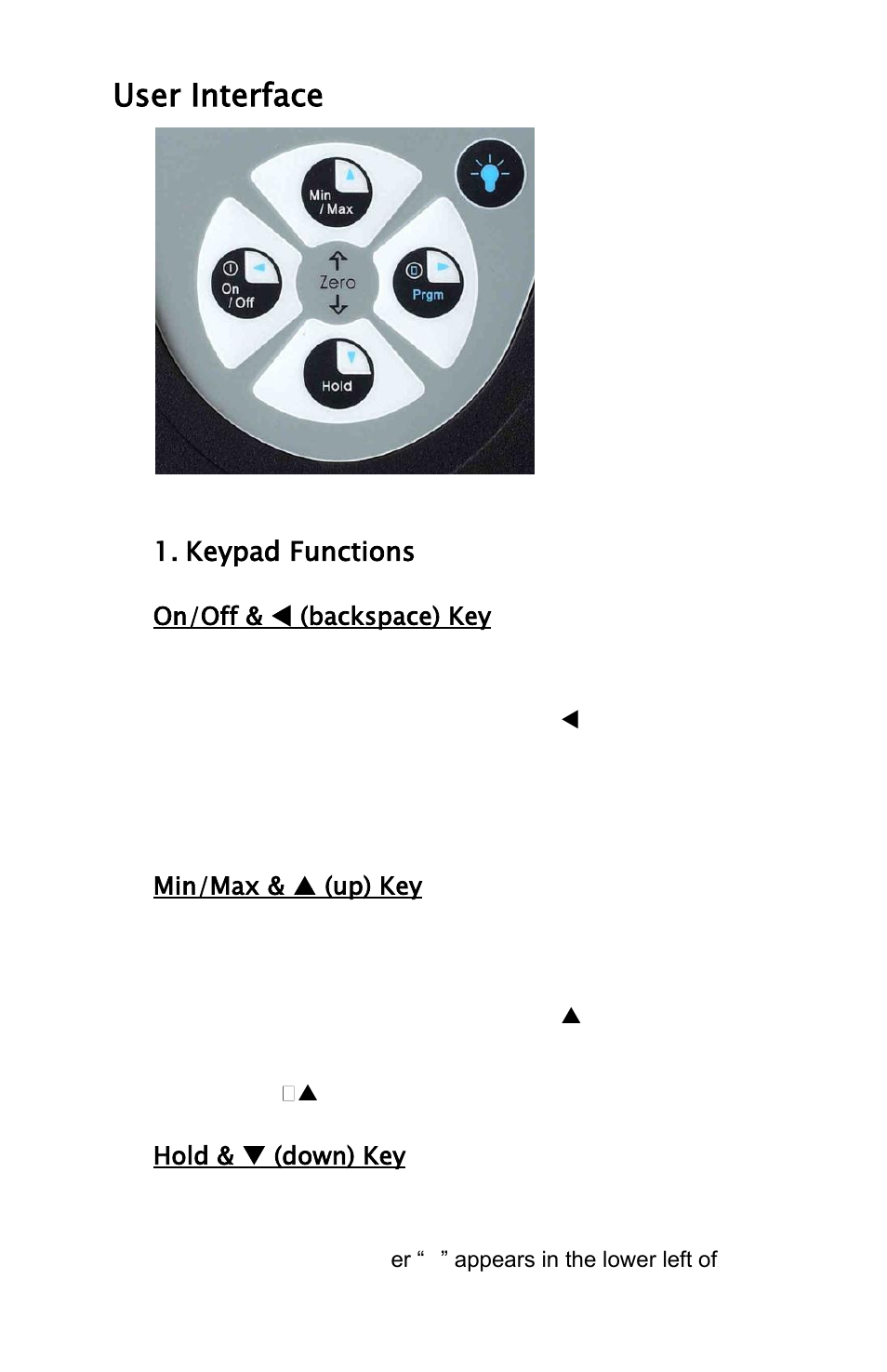 User interface, Keypad functions, On/off | Backspace) key, Min/max, Up) key, Hold, Down) key | Meriam M2 – Series Smart Manometer User Manual | Page 10 / 40