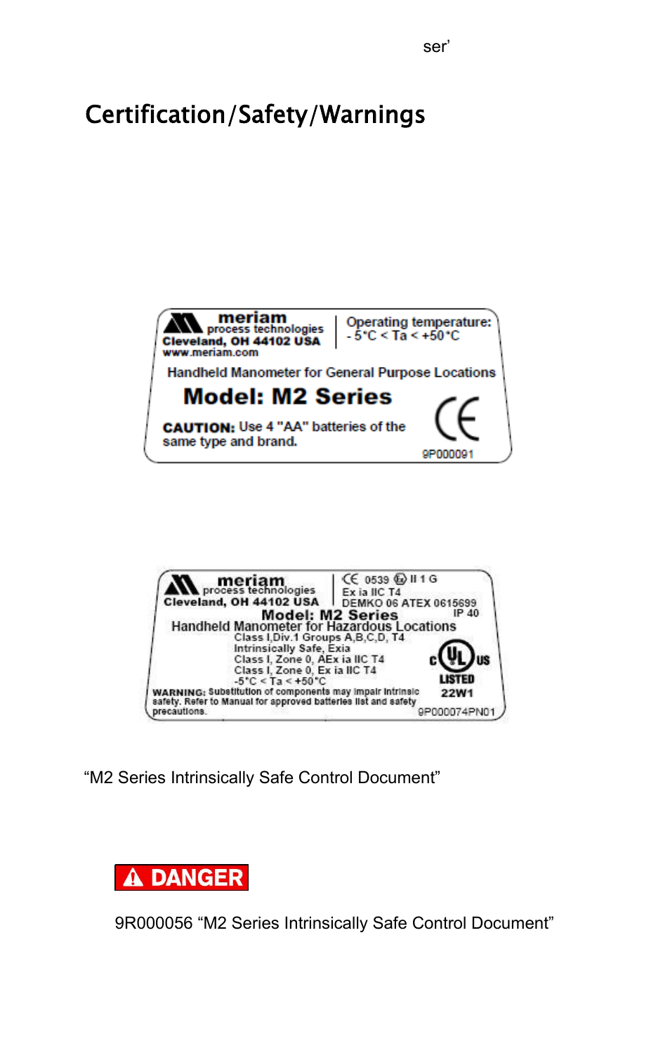 Certification/safety/warnings, For intrinsically safe m2 series | Meriam M2 – Series Smart Manometer User Manual | Page 7 / 40