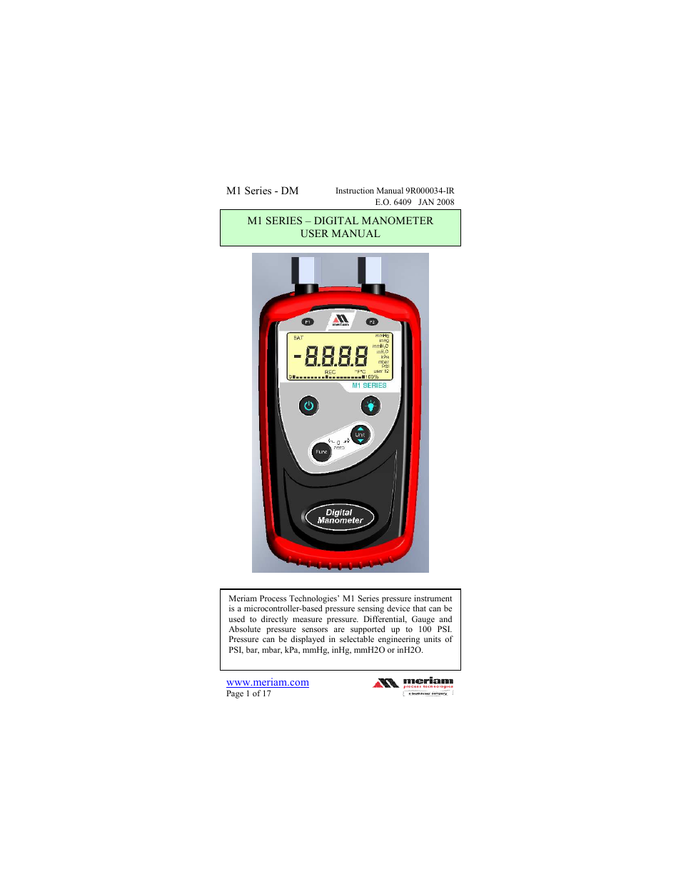 Meriam M1 – Series Digital Manometer User Manual | 17 pages