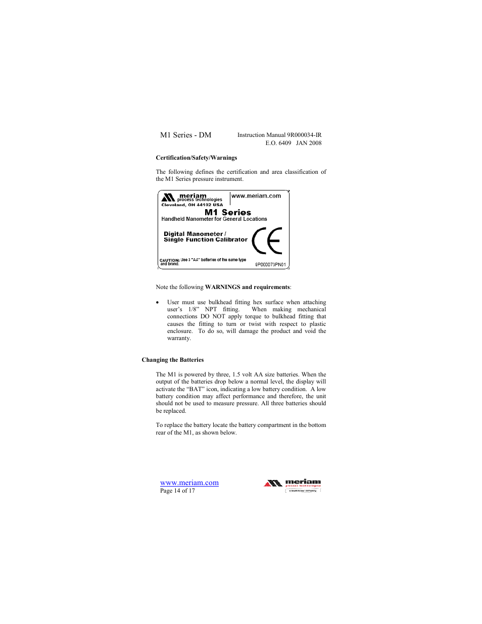 Meriam M1 – Series Digital Manometer User Manual | Page 14 / 17
