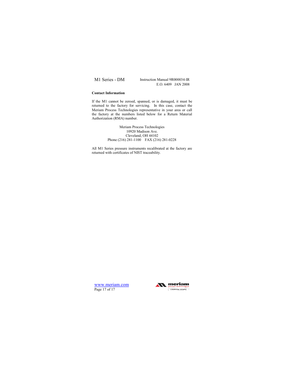 Meriam M1 – Series Digital Manometer User Manual | Page 17 / 17