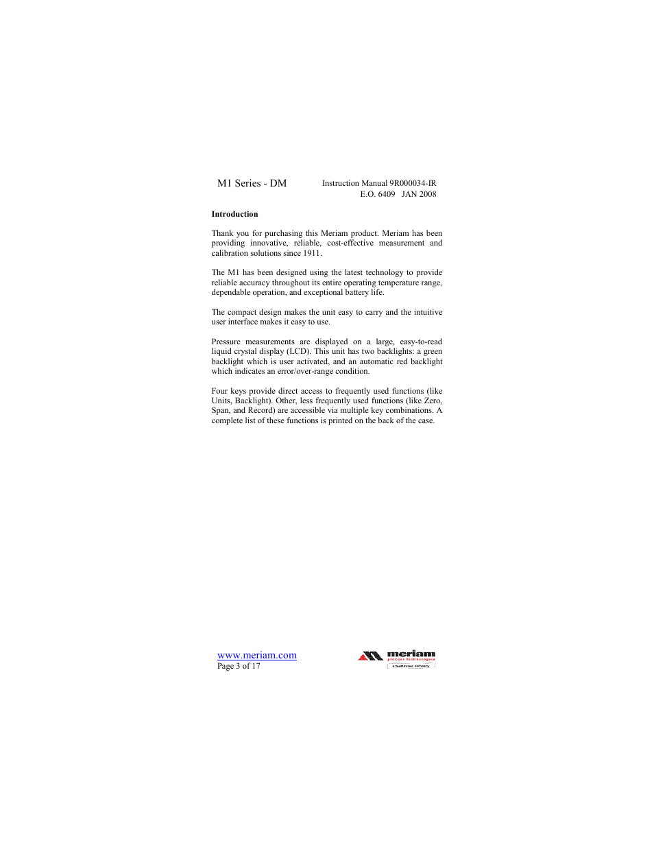 Meriam M1 – Series Digital Manometer User Manual | Page 3 / 17