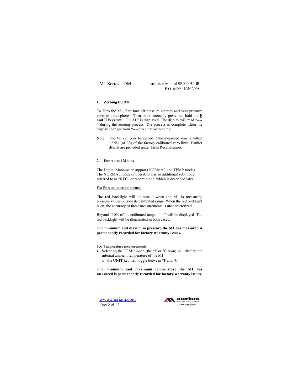 Meriam M1 – Series Digital Manometer User Manual | Page 5 / 17