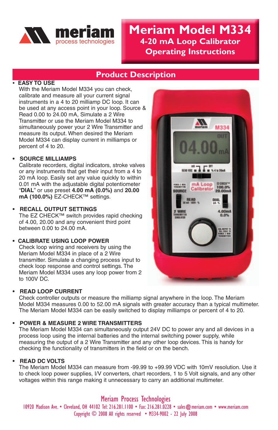 Meriam M334 4-20 Milliamp Loop Calibrator User Manual | 8 pages