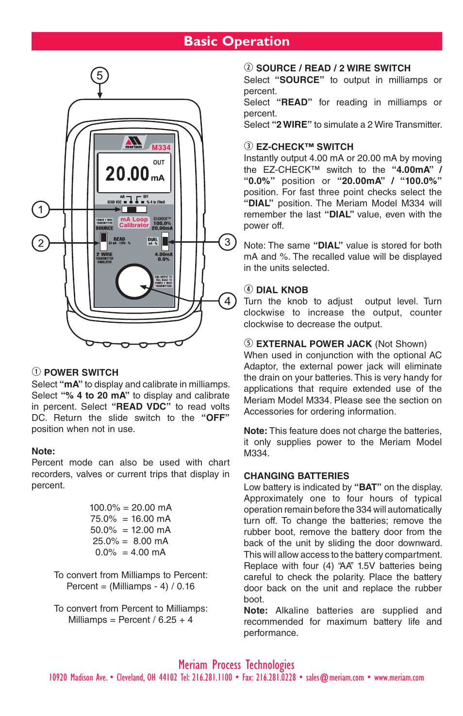 Basic operation, Meriam process technologies | Meriam M334 4-20 Milliamp Loop Calibrator User Manual | Page 2 / 8