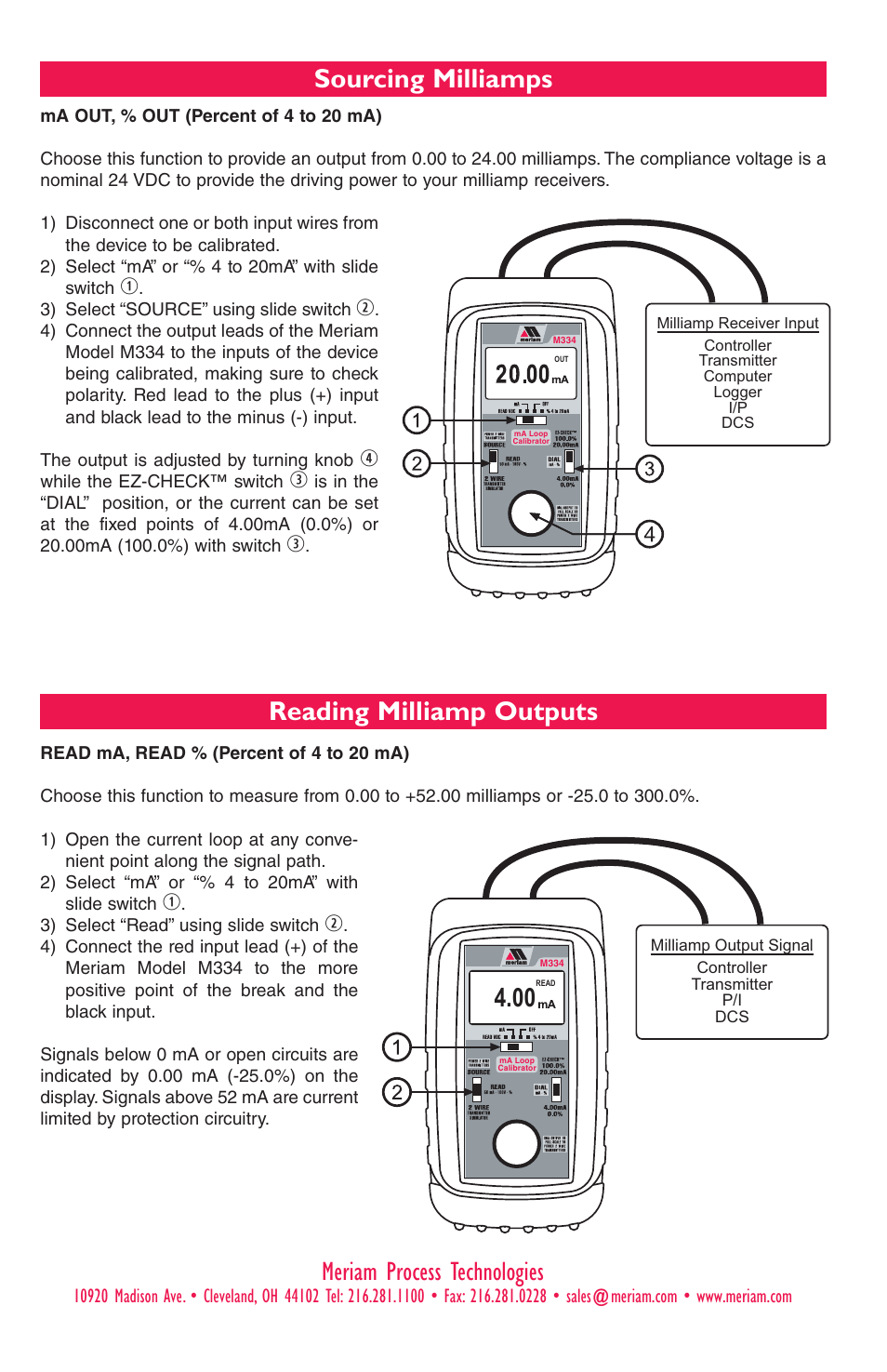 Sourcing milliamps reading milliamp outputs, Meriam process technologies | Meriam M334 4-20 Milliamp Loop Calibrator User Manual | Page 3 / 8