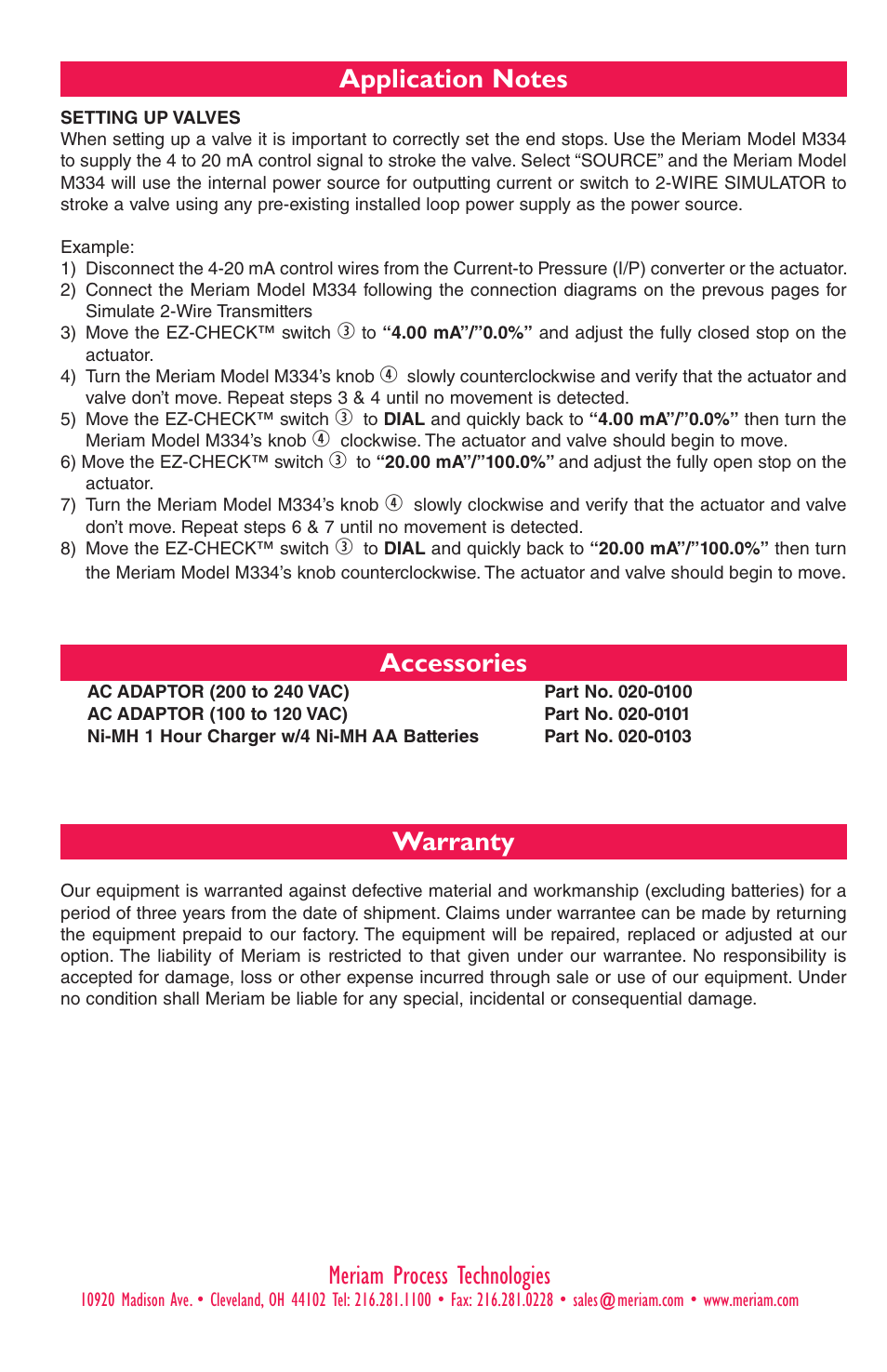 Accessories, Warranty | Meriam M334 4-20 Milliamp Loop Calibrator User Manual | Page 6 / 8