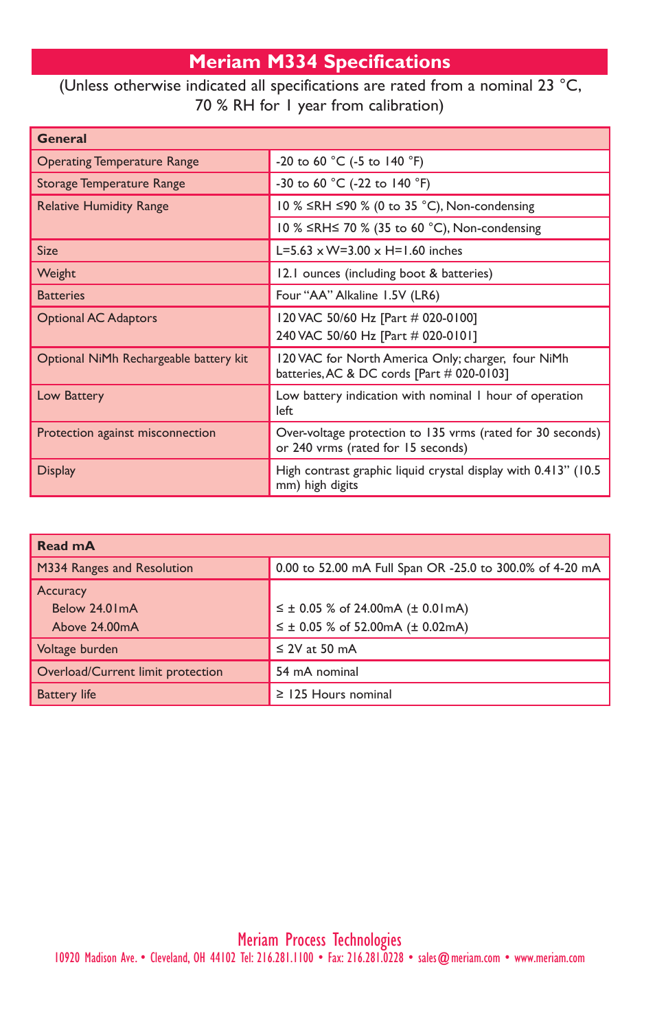 Meriam m334 specifications, Meriam process technologies | Meriam M334 4-20 Milliamp Loop Calibrator User Manual | Page 7 / 8