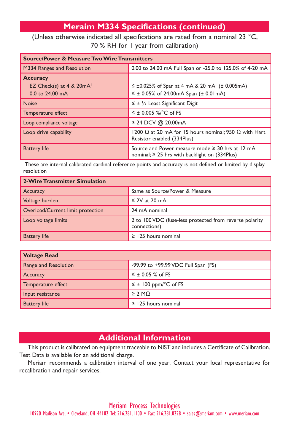 Meraim m334 specifications (continued), Additional information, Meriam process technologies | Meriam M334 4-20 Milliamp Loop Calibrator User Manual | Page 8 / 8