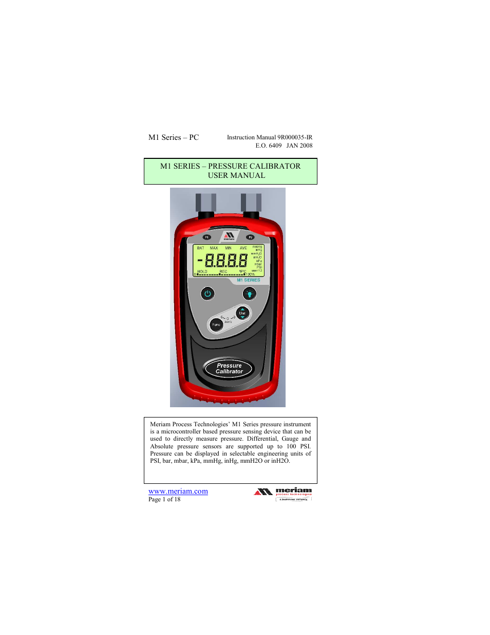 Meriam M1 – Series Pressure Calibrator User Manual | 18 pages