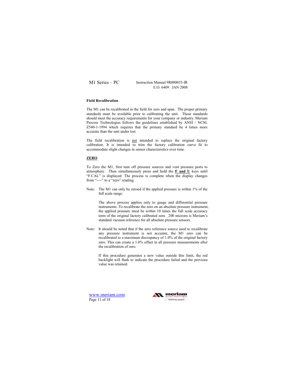 Meriam M1 – Series Pressure Calibrator User Manual | Page 11 / 18