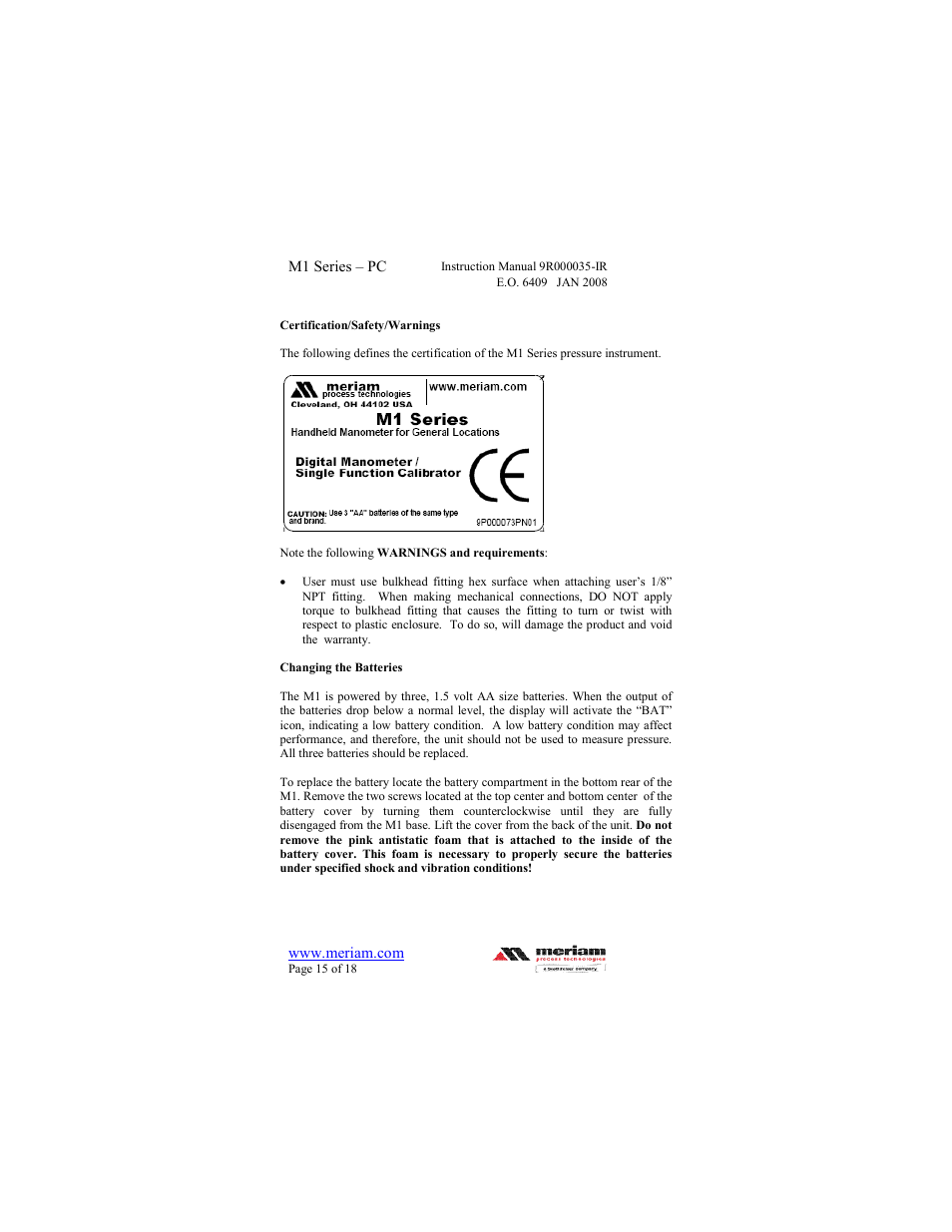 Meriam M1 – Series Pressure Calibrator User Manual | Page 15 / 18