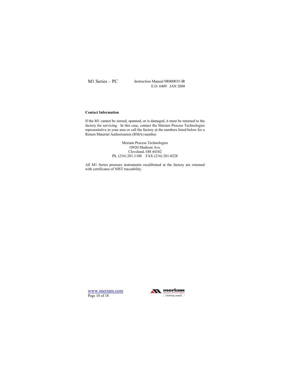 Meriam M1 – Series Pressure Calibrator User Manual | Page 18 / 18