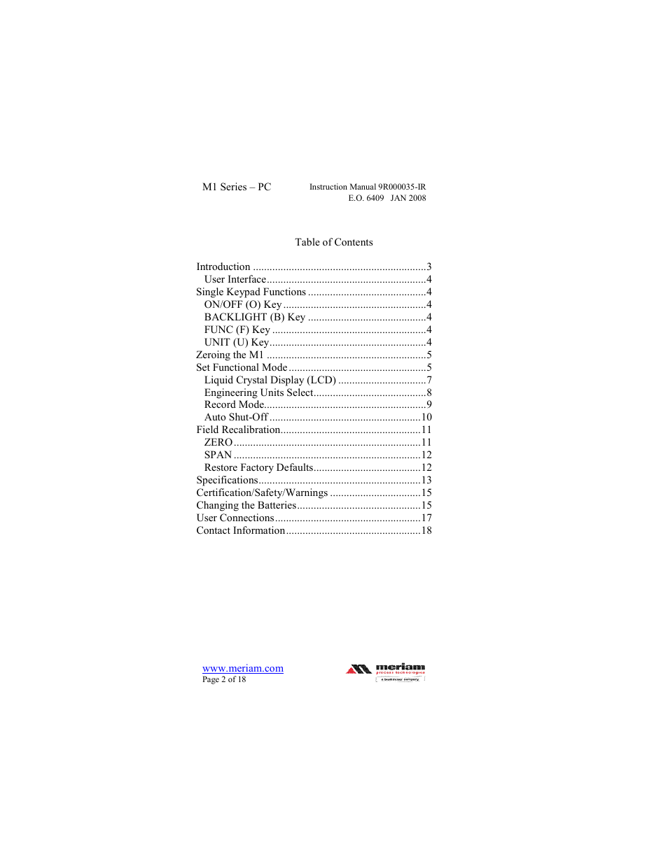 Meriam M1 – Series Pressure Calibrator User Manual | Page 2 / 18