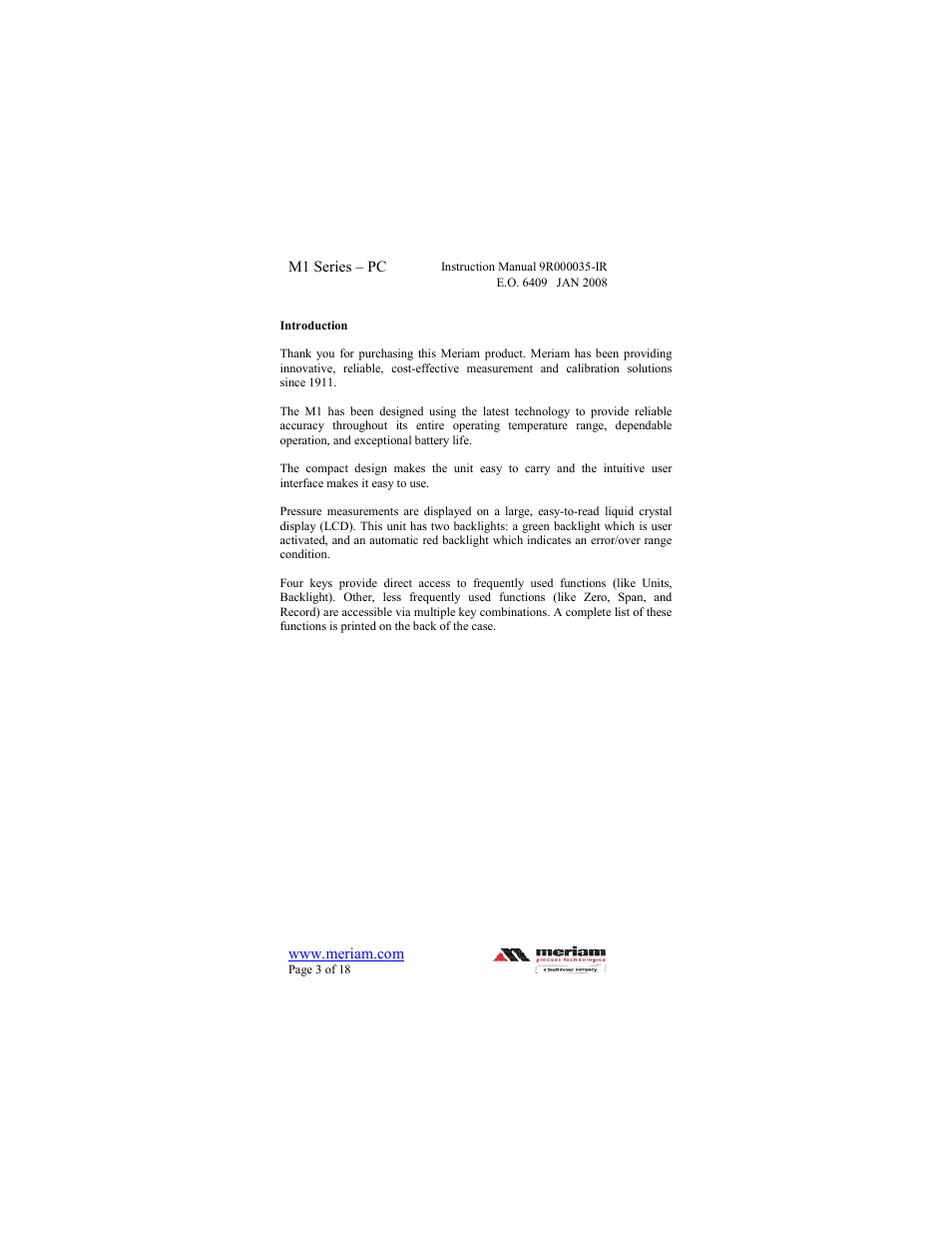 Meriam M1 – Series Pressure Calibrator User Manual | Page 3 / 18