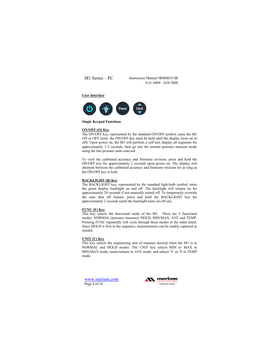 Meriam M1 – Series Pressure Calibrator User Manual | Page 4 / 18