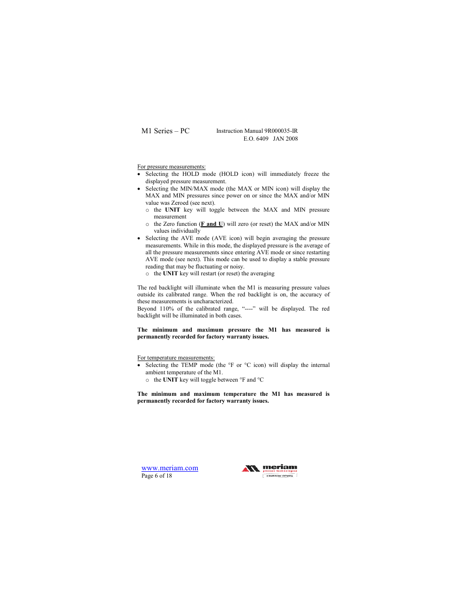 Meriam M1 – Series Pressure Calibrator User Manual | Page 6 / 18