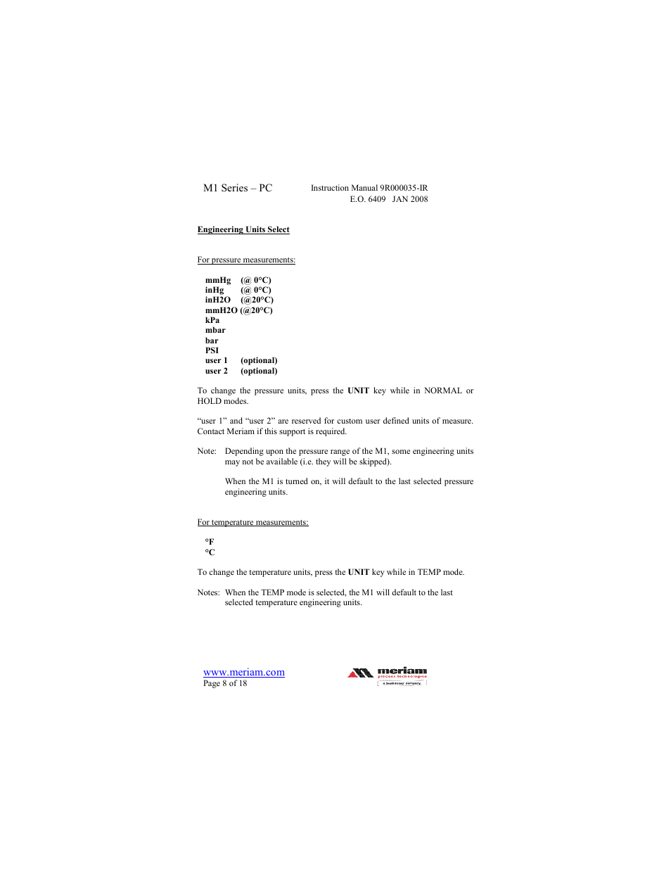 Meriam M1 – Series Pressure Calibrator User Manual | Page 8 / 18