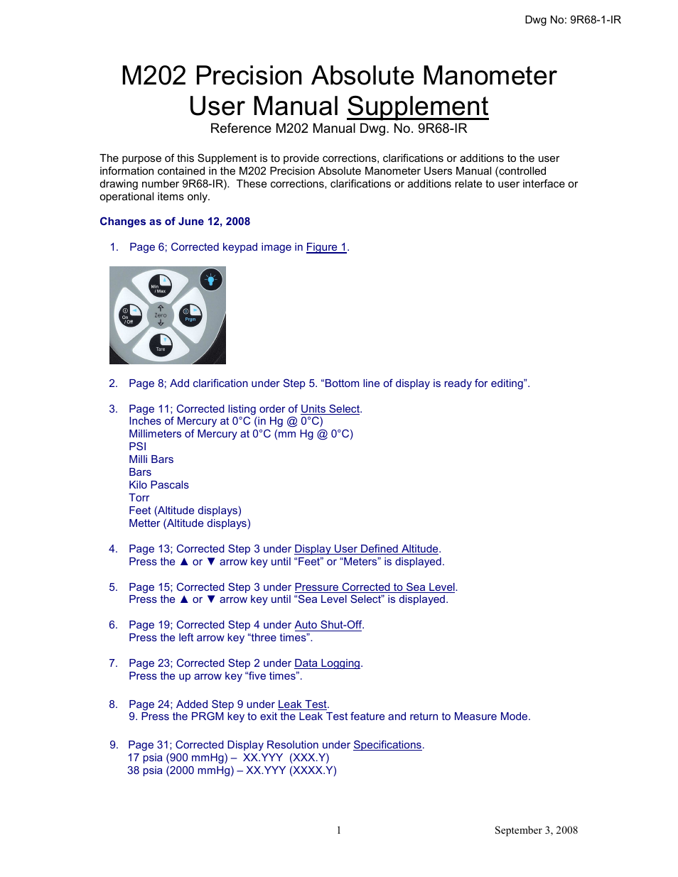 Meriam M202 Precision Absolute Manometer Supplement User Manual | 1 page