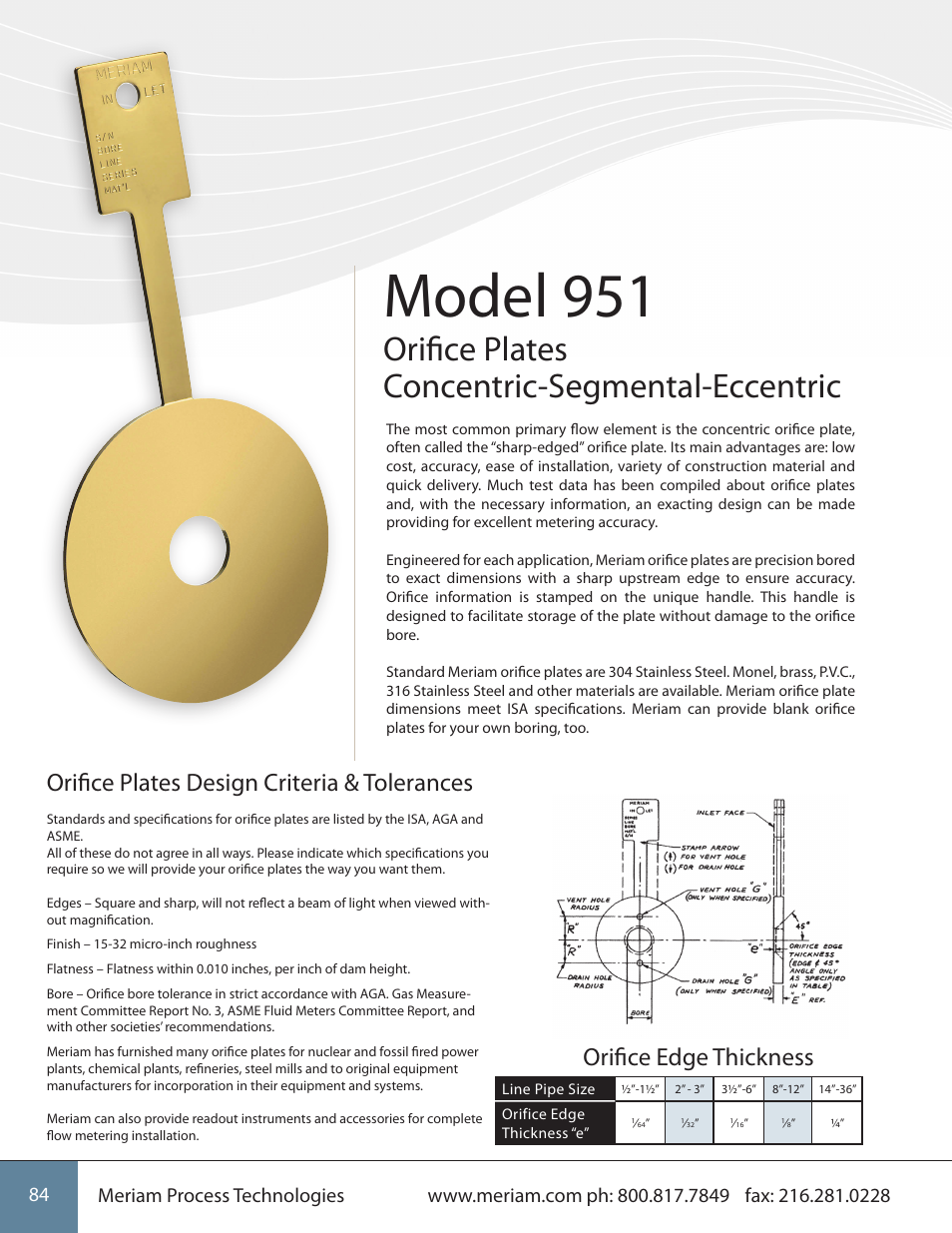 Meriam 951 Orifice Plate User Manual | 2 pages