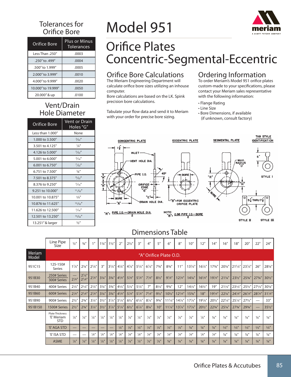 Model 951, Orifice plates concentric-segmental-eccentric, Orifice bore calculations | Orifice plates & accutubes, Orifice bore plus or minus tolerances, Orifice bore vent or drain holes “g, Meriam model “a” orifice plate o.d, Line pipe size | Meriam 951 Orifice Plate User Manual | Page 2 / 2