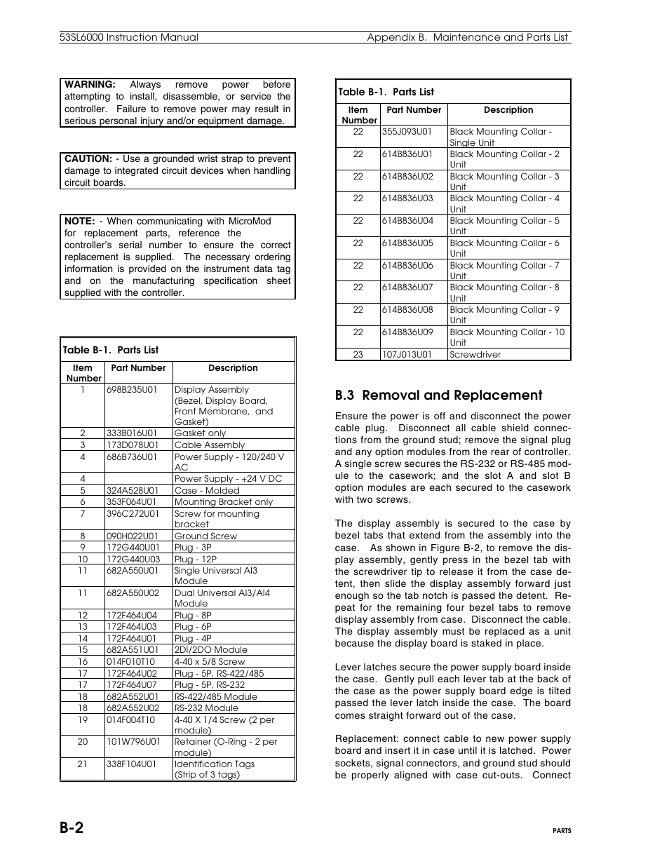 B.3 removal & replacement, B.3 removal and replacement | Micromod Micro-DCI: 53SL6000 Single Loop Controller User Manual | Page 119 / 138