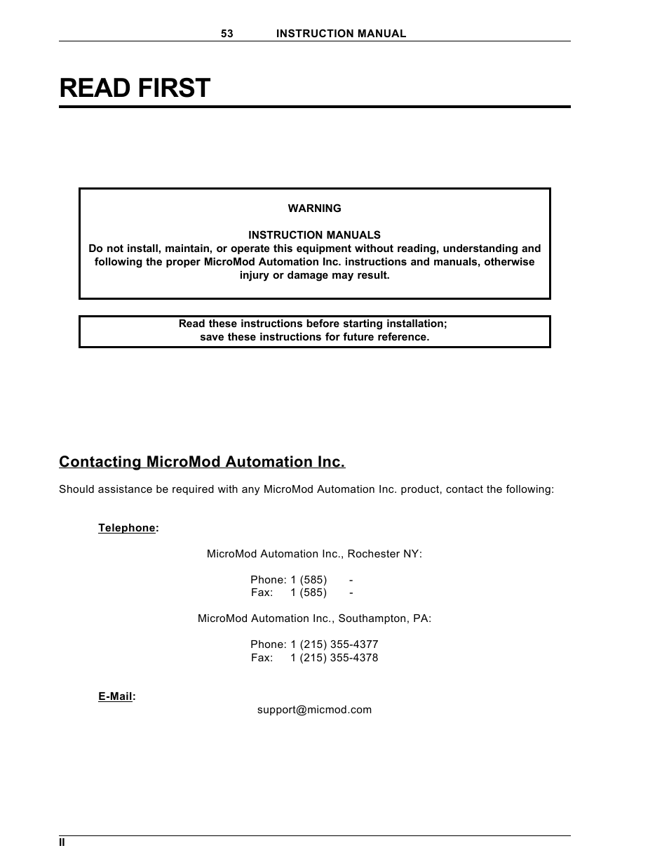 Read first, Contacting micromod automation inc | Micromod Micro-DCI: 53SL6000 Single Loop Controller User Manual | Page 12 / 138