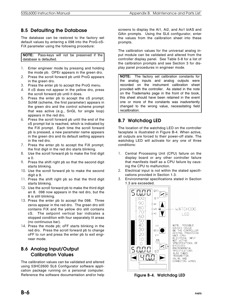 B.5 defaulting the database, B.6 analog input/output calibration values, B.7 watchdog led | Micromod Micro-DCI: 53SL6000 Single Loop Controller User Manual | Page 123 / 138