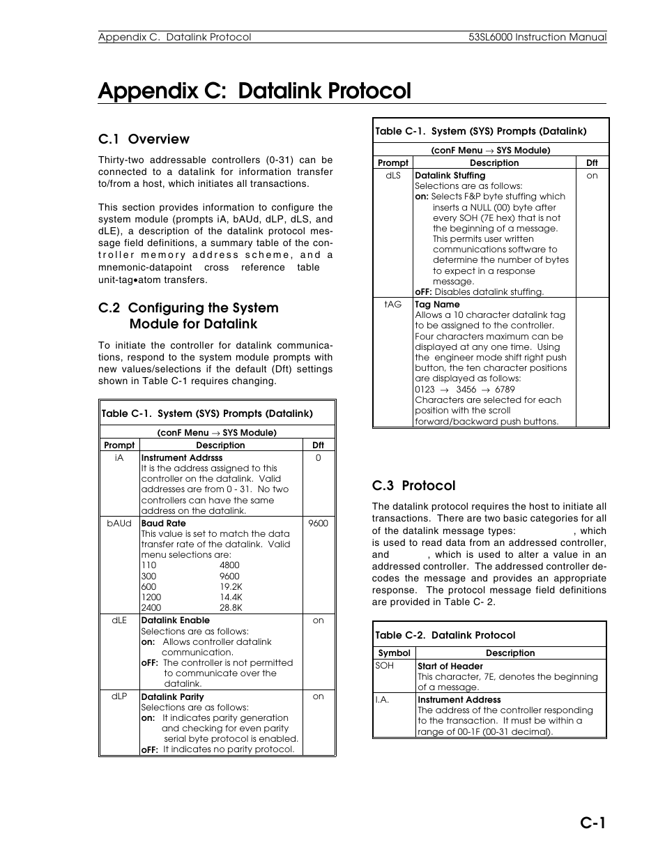 Appendix c: datalink protocol, C.1 overview, C.2 configuring the system module for datalink | C.3 protocol | Micromod Micro-DCI: 53SL6000 Single Loop Controller User Manual | Page 124 / 138