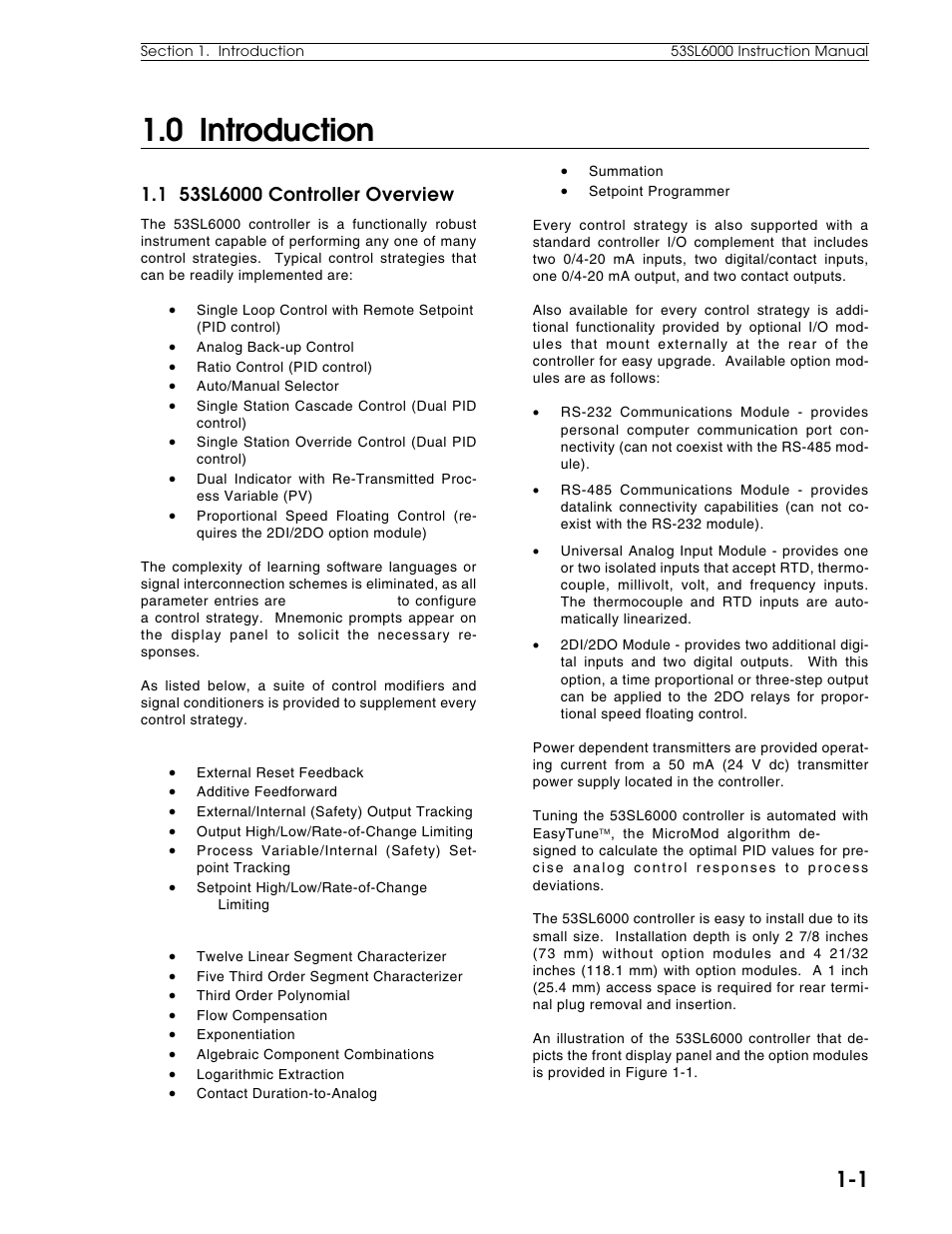 0 introduction, 1 53sl6000 controller overview | Micromod Micro-DCI: 53SL6000 Single Loop Controller User Manual | Page 13 / 138